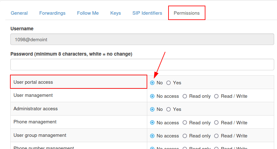 Manage a user page, with the permissions tab highlighted, along with the first permission highlighted indicating a no selection.