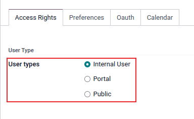View of a user's form in developer mode emphasizing the user type field in Odoo.