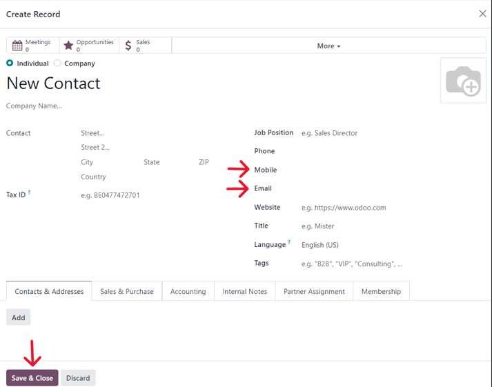 A blank contact form from a launch test pop-up window in Odoo Marketing Automation.