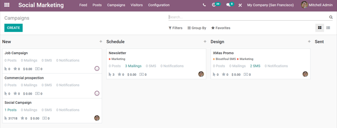 View of the campaigns page in the Odoo Social Marketing application.
