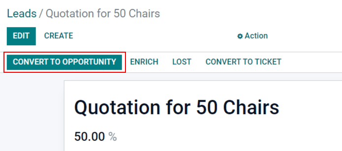 Pulsante crea opportunità sul record di un lead.