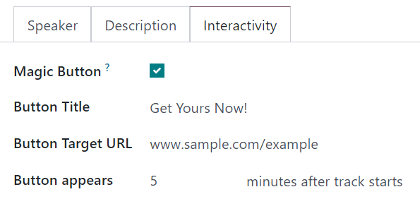 The Interactivity tab on an event track form in the Odoo Events application.