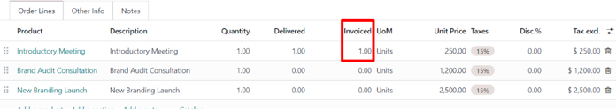 The Invoiced column of a milestone product that's been paid for is filled.