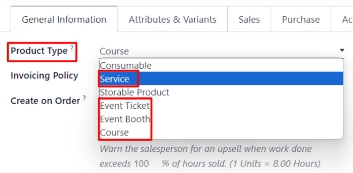 The invoicing policy field drop-down menu with options on product form.