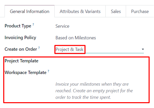 The Project template and workspace template fields that appear on milestone product.