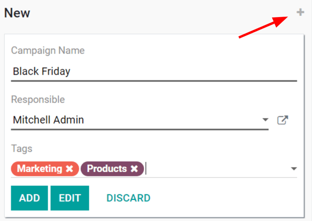 View of the quick add option for campaigns in Odoo Social Marketing.