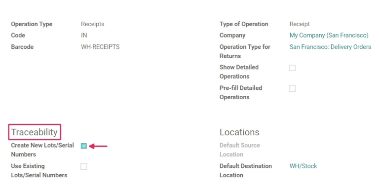 Enabled traceability setting in operations type form.