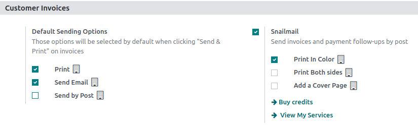 Under settings enable the snailmail feature in Odoo Accounting