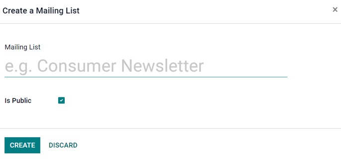 View of the mailing list pop-up window in Odoo SMS Marketing.