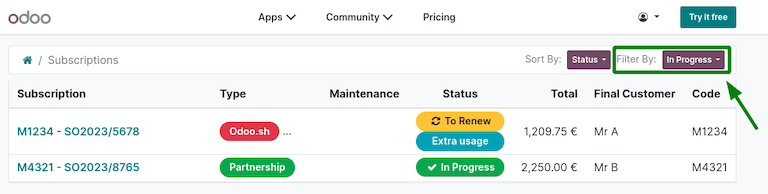 Abbonamenti portale Odoo.com filtrati per "in corso".