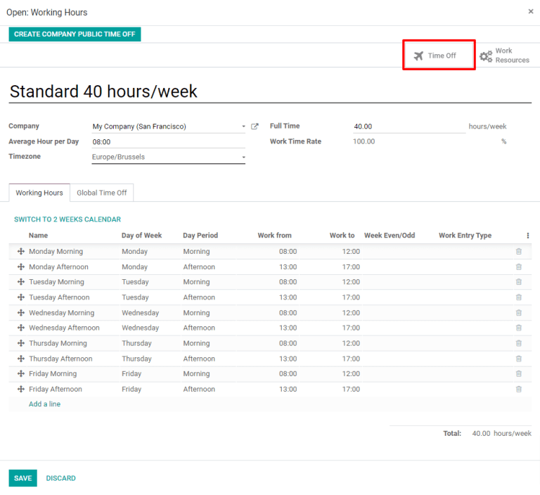 The Time Off button on the Working Hours pop-up.