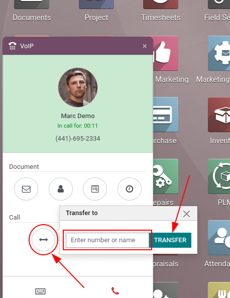 Transferring a call within the phone widget, with the transfer buttons highlighted.