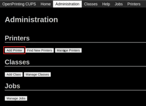 Add a printer button highlighted on the Printer CUPS management page.