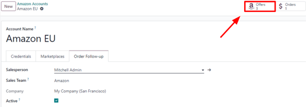 De knop Amazon Offers smart op het accountformulier in Odoo Sales.