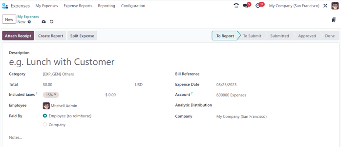 A blank expenses form in the Odoo Expenses application.