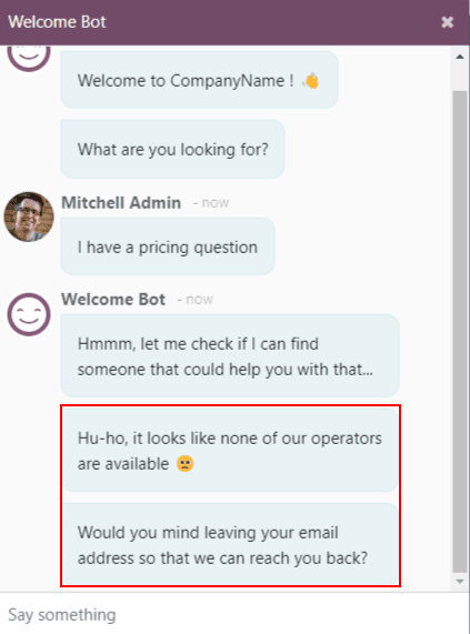 View of a chatbot follow up messages when no live chat operator is available.