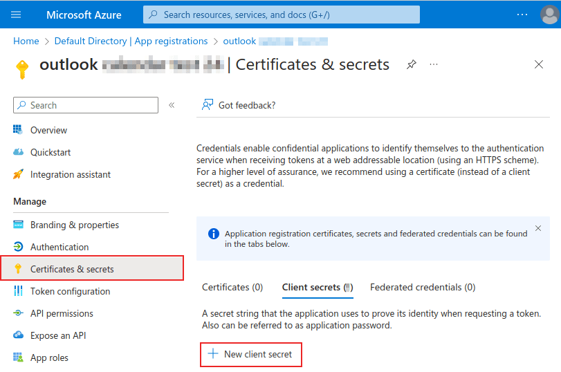 New client secret page with certificates and secrets menu and new client secret option highlighted.