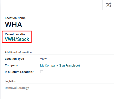 Set the child warehouse's *Parent Location* to the virtual warehouse.