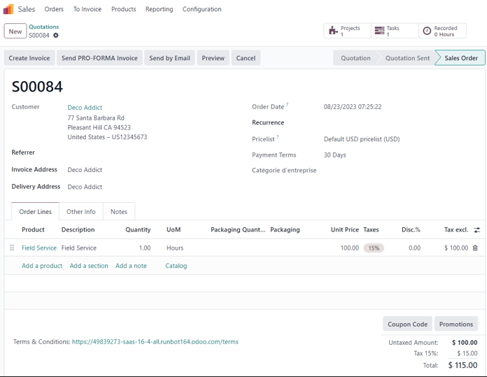 This is how a confirmed sales order looks in the Odoo Sales application.