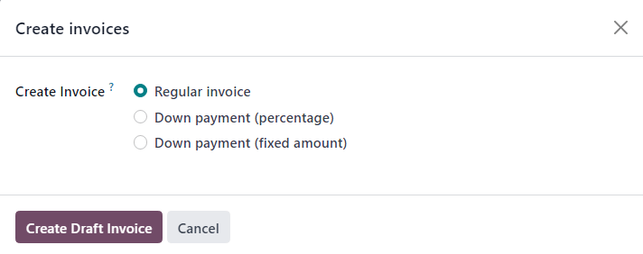 A create invoices pop-up window that appears when the Create Invoice is clicked.
