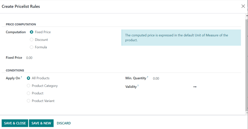 How the Create Pricelist Rules pop-up form looks in Odoo Sales.