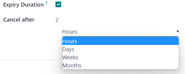 A list of the expiry duration options available on the workflow activities pop-up form.