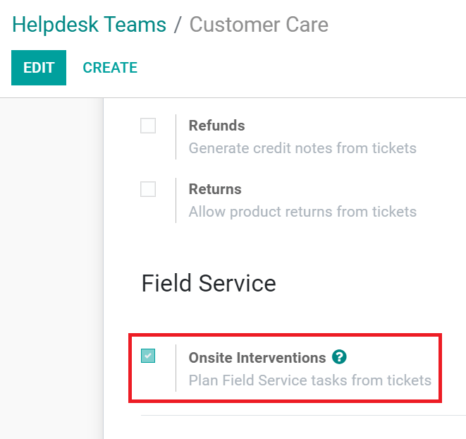 De instelling Interventies op locatie in Odoo Helpdesk