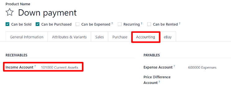 How to modify the income account link to down payments.