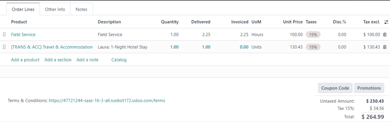 An expense appearing on Order Lines tab of a Sales Order in Odoo Sales application.