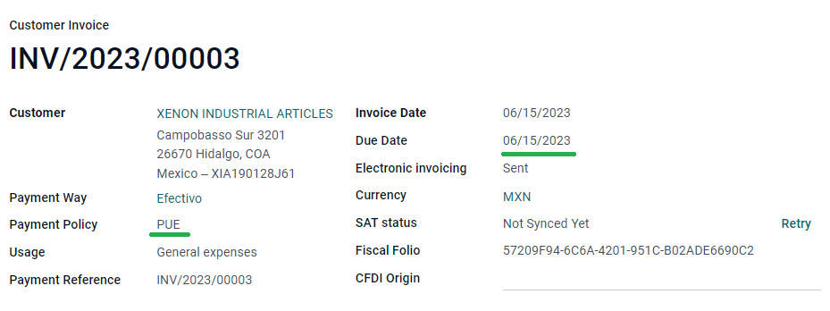 Example of an invoice with the PUE requirements.