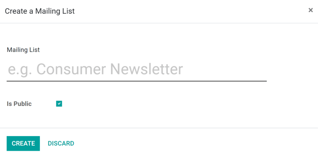 Weergave van het pop-upvenster van een mailinglijst in Odoo's E-mailmarketing applicatie.
