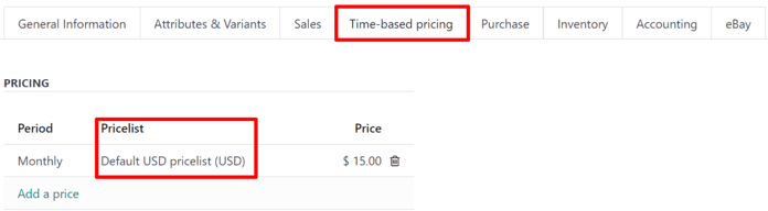 Pricelists in the "Time-based pricing" tab of the product form.