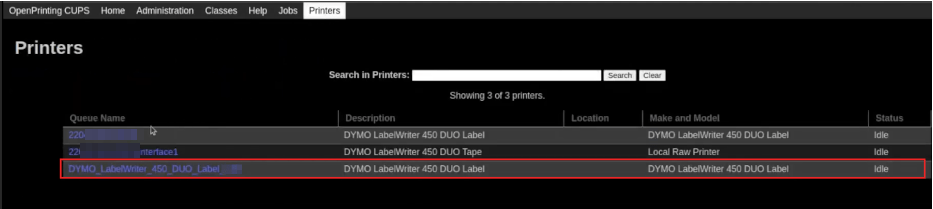 Printer page with newly installed printer highlighted.