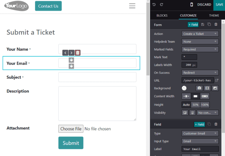 Weergave van een ongepubliceerde websiteformulier om een ticket in te dienen voor Odoo Helpdesk.