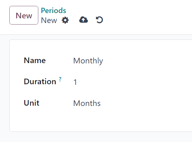 A recurrence period form in Odoo Subscriptions application.
