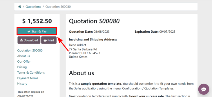 The Sign and Pay button present on online quotations in Odoo Sales.