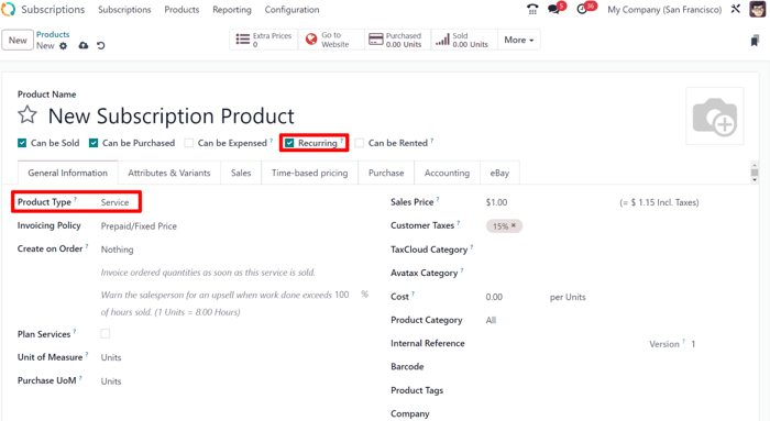 A basic subscription product form in Odoo Subscriptions application.