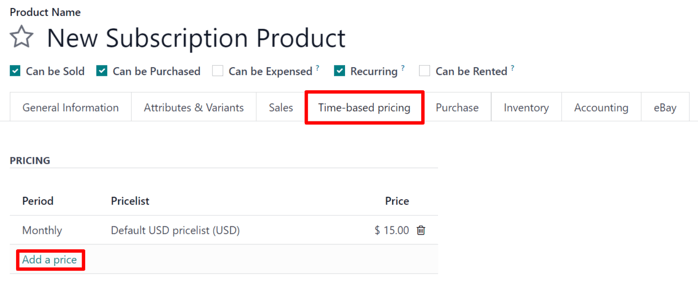 The time-based pricing tab on a subscription product form in Odoo Subscriptions.