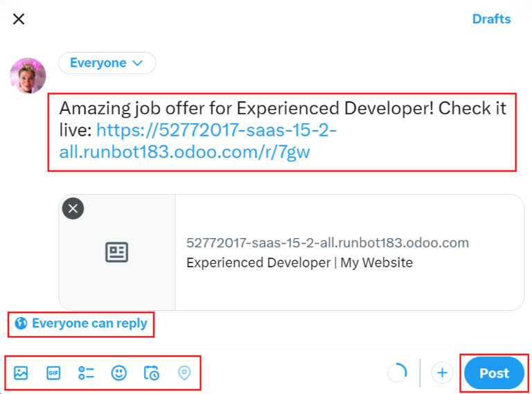 The X/Twitter pop-up when sharing a job description. All the other items than can be added to the message are highlighted, as is the visibility setting and the post button.