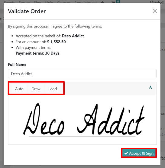 The Validate Order pop-up window for online signatures in Odoo Sales.