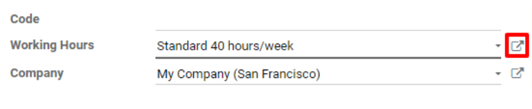 The Working Hours "External link" button on the work center form.