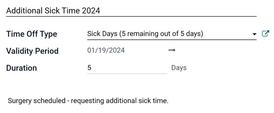 Um formulário de solicitação de alocação preenchido por um funcionário solicitando uma semana adicional de atestado médico.