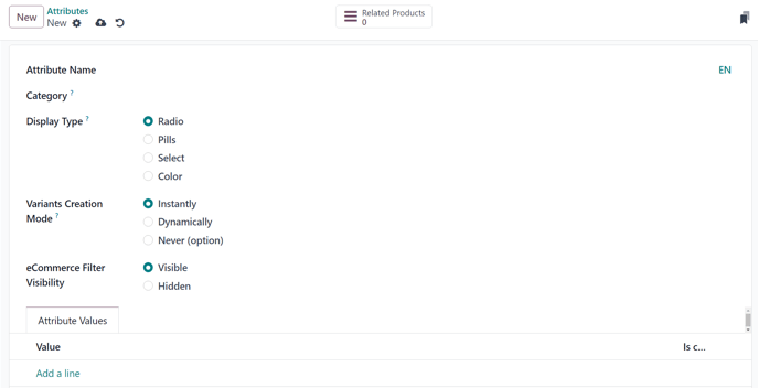 Um formulário de criação de atributo em branco no aplicativo Odoo Vendas.