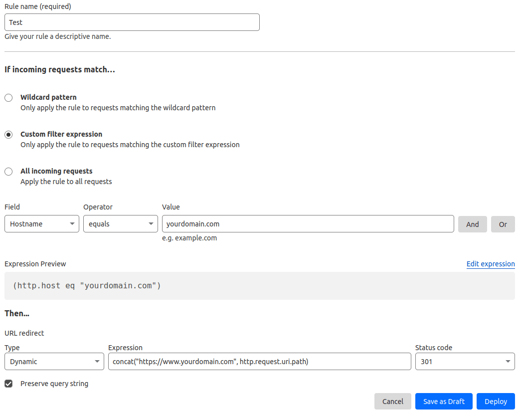 Definição de uma regra de redirecionamento do Cloudflare para criar um redirecionamento permanente (301)