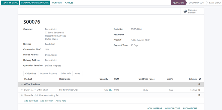 Um formulário de cotação habitual no aplicativo Odoo Vendas.