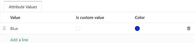 Attribute values tab when add a line is clicked, showing the custom columns.