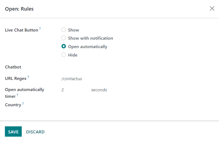 View of a channel's rules form for Odoo Live Chat.