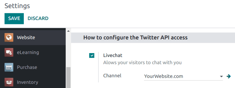 View of the settings page and the live chat feature for Odoo Live Chat.