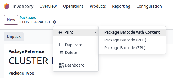Display where the package barcode can be generated.