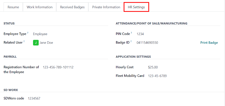 Introduceți orice informație solicitată în fila Setări HR pentru angajat.